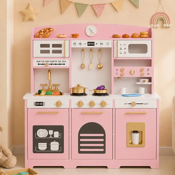 Pretend Play Kitchen for Ages 3+, Wooden Kids Cooking Playset with 21 Accessories, Multi‑Functional Zones, Complete Cookware Set, Sink, Stove, Oven, Microwave, Dishwasher, Ice Maker, Pink / White / Green