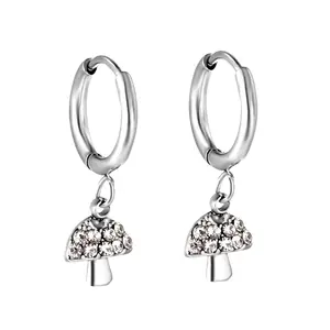 Crystal Mushroom Dangling Huggie Hoop Earrings - Pair - 304 Stainless Steel