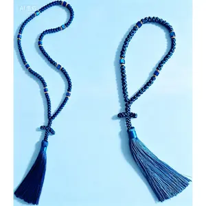 2-Pack Christian Prayer Rope with Cross, Blue 100 Knot and 50 Knot Omboskoini, Handmade Greek Orthodox Chotki for Protection Blessing, Home Car Hanging Charm Ornament, Religious Gift