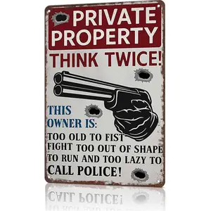 "Private Property Think Twice" Humorous Warning Metal Sign - 8x12 aluminum home security decor for entryways, man caves, Bold red-and-white design with a shotgun, ideal for viral home defense humor content and gift unboxings for homeowners