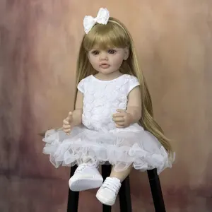 Reborn Kiss-55Cm/22Inch Full Soft Vinyl Body Reborn Poseable Baby Gorgeous Girl Doll Art Toy For Kids Realistic Long Hair Princess Toddler Newborn Fashion Birthday Present cute