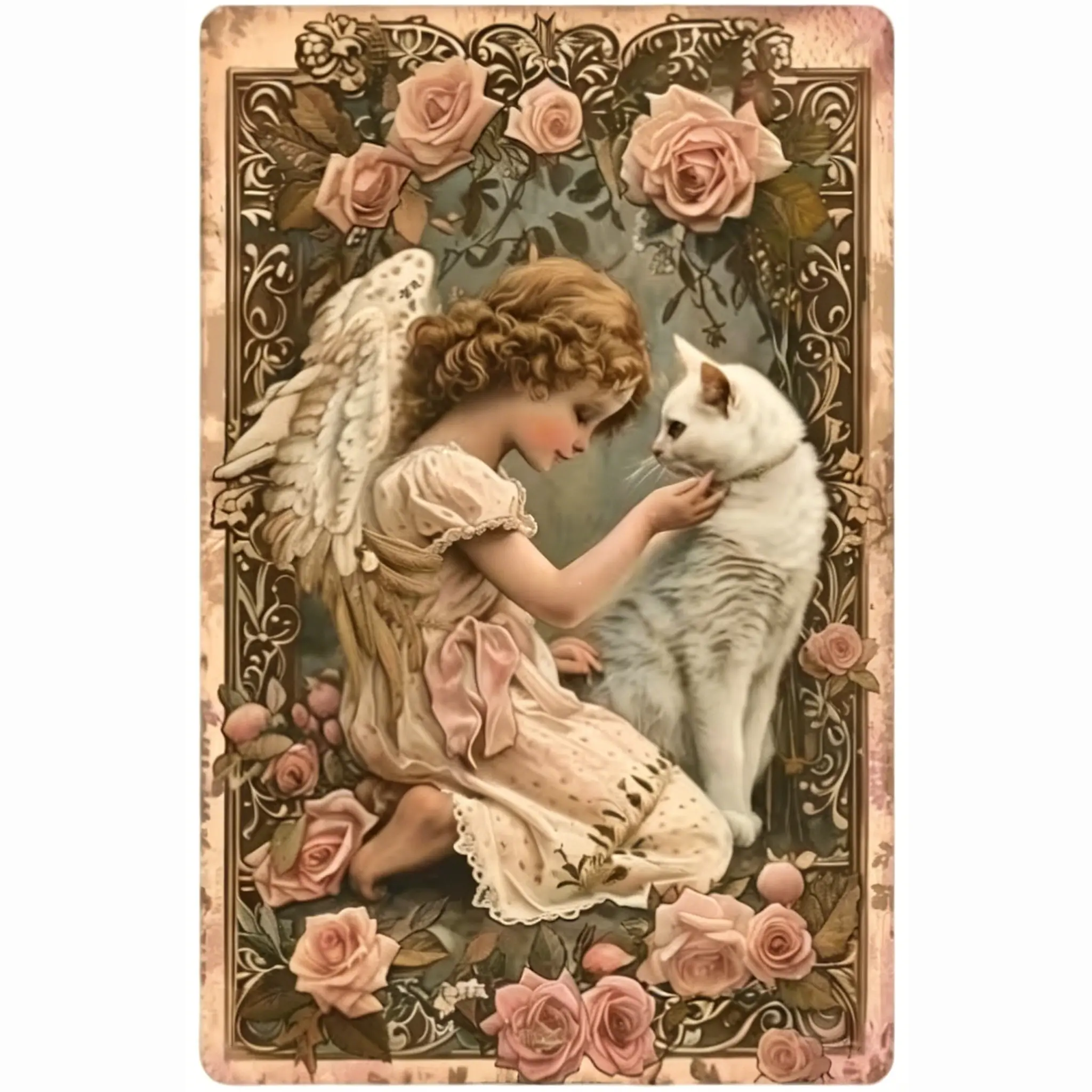 8x12 In Waterproof Vintage Victorian Angel Girl & White Cat Metal Tin Sign - Ornate Scroll, Lace, Flower Decor, Whimsical/Vintage Home Decor, Religious Shabby Chic Cottage Core Wall Plaque for Girls' Spaces, Floral, Whimsical Home Decor
