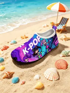 Kids' Quick-Drying Water Shoes, Children's Day Gift, Trendy Chibi Girl Group Print, Cyber Purple Iridescent, Breathable & Non-Slip, Suitable for Beach Wading & Home Leisure
