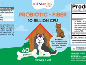Vitamatic Pets Probiotic + Fiber for Dogs & Cats, 10 Billion CFU Multi-Strain Probiotic with XOS Prebiotic, Delayed-Release Capsules, Non-GMO, 60 Capsules