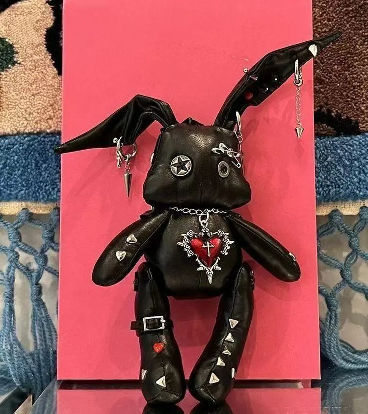 Y2K Gothic Black Bunny Doll Keychain - Handmade Punk Rivet Heart Cross Charm, Alt Aesthetic Plush Backpack Pendant