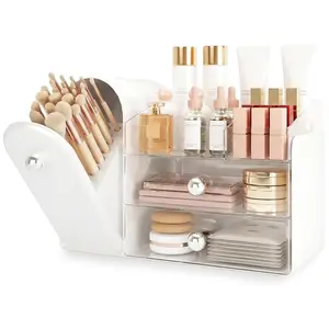 Large Makeup Organizer Box with Dust-Proof Brush Holder, 2 Transparent Drawers, Ideal for Vanity Desk, Bathroom Counter, Lipstick, Perfume, Eyeshadow