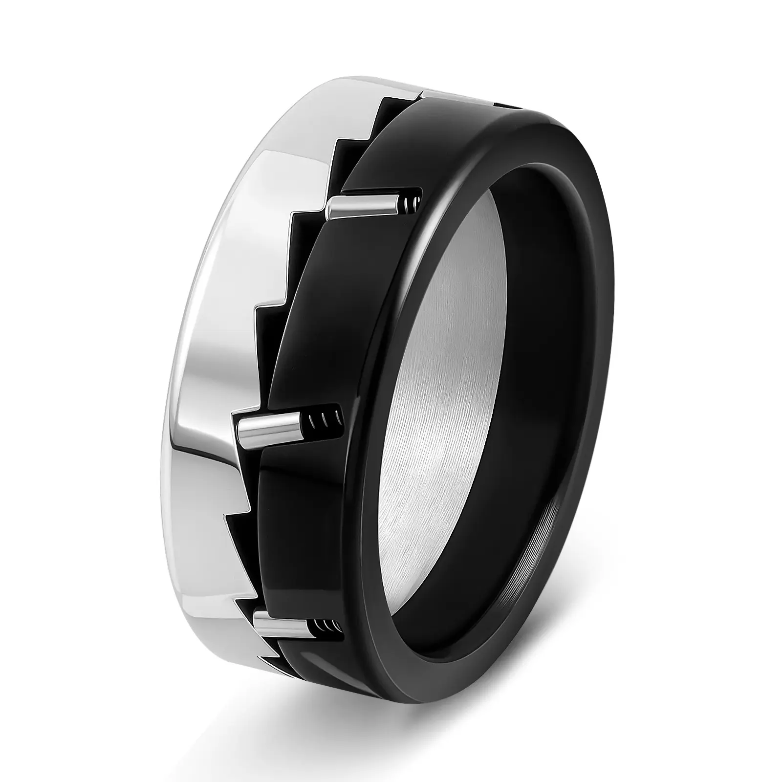 9mm Width Titanium Steel Rotatable Fidget Ring - Industrial Mechanical Style, Minimalist Durable Fashion Daily Wear, Electroplating Mirror Polishing, Anxiety Relief Toy for Office Workers & People Under Stress