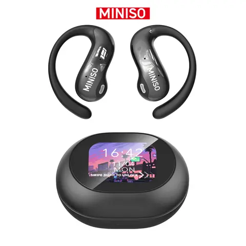 MINISO MS188 Electronic LCD Bluetooth Mini Wireless Open Ear Earbuds (OWS) with Earhooks, Mic, Noise Cancellation, Water Resistance, Oval Plastic Design, 45 Hz-20 kHz, 5V, Chargeable Full Color Display Case - Audio Device for Sports, Game Console Use