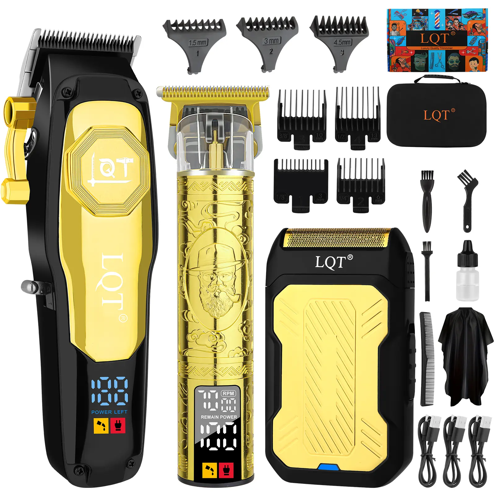 Men's 3-in-1 Professional Cordless Hair Clippers Set, Gold Barber Kit with Trimmer, Shaver, LCD Display, Multiple Guards & Adjustable Brush, Complete Grooming Gift Tool