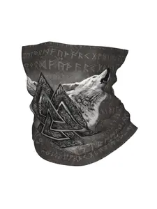 BIIHUDU Viking Cercle Wrap Scarf Balaclava - Norse Wolf & Rune Design Face Mask