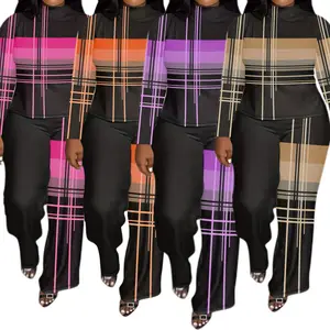 Plus Size Women's Elegant 2 Piece Set - Casual Geometric Pattern Long Sleeve Top with Hem Slit Loose Wide Leg Pants for Curvy Fashion Outfit