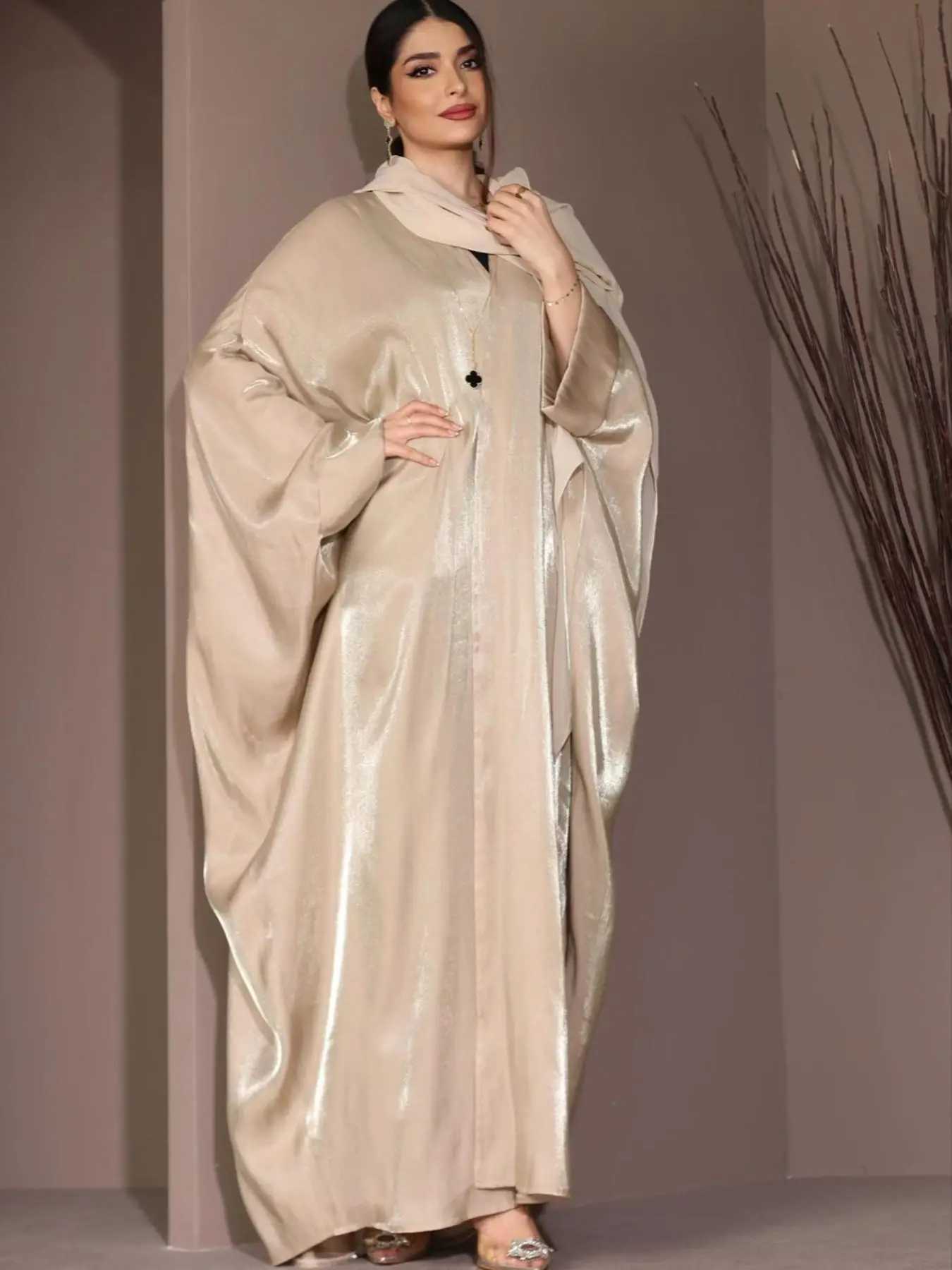 Arabic Clothing-Glitter Batwing Sleeve Abaya Without Hijab & Necklace, Modest Long Sleeve Open Front Abayas, Women's Islamic Clothing