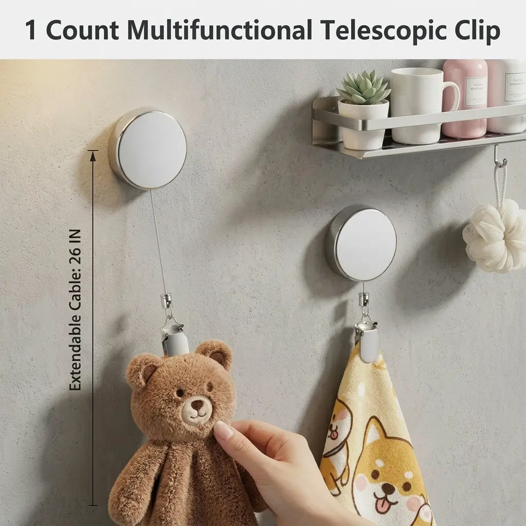1 Count Retractable Towel Clip, Pull-Out and Use Design for Kitchen. No-Drill Adhesive Mount on Cabinet or Fridge. Hanging Clamp with Stretch Cord