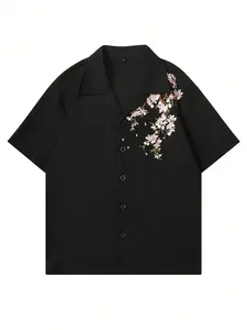 Unisex Black Cherry Blossom Embroidered Floral Camp Collar Short Sleeve Shirt | New Chinese Style Oversized Casual Top