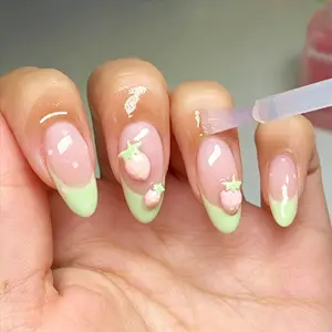 24pcs Sweet Nude Press on Nails, Medium Almond Shape, Full Cover Acrylic Nail Patches, Mint French Tips, 3D Strawberry Accents, Daily Wear