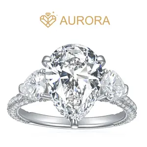 【#70 Monalisa】Pear shape Full  Moissanite main stone and side stone rings  with 925 Sterling Silver Synthetic Moissanite