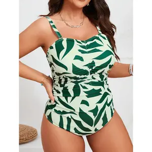 2026 Summer  Plus Size One-Piece Swimsuit, Green & White Abstract Leaf Print, Sweetheart Neckline with Adjustable Striped Straps, Ruched Tummy Control Detail, Slimming Bathing Suit for Beach & Vacation