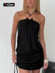 Women's Solid Color Sleeveless Metal Ring Halter Ruched Bodycon Dress, Trendy Chic Metal Decoration Design, Perfect for Dates, Travel, Vacation