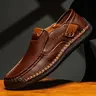 Men's Casual Stitching Design Leather Slip-on, 2024 New Style Fashionable Round Toe Flat Shoes for Daily Wear, Lightweight Breathable Comfortable No Tie Shoes for Men Footwear Walking Shoes, Affordable Loafers
