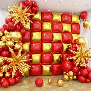 36pcs Red and Gold Square Foil Balloons Wall Backdrop with 147pcs Balloon Garland Arch Kit, Double Sided Balloons for Valentine's Day Wedding Birthday Engagement Anniversary Party Decorations
