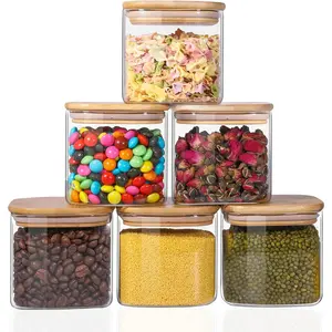 Food Storage Jars 27oz Set of 6,Glass Storage Containers Clear Glass Food Canister with Bamboo Lid Airtight For Serving Tea, Coffee, Flour, Sugar, Candy, Cookie, Spice and More (Square)