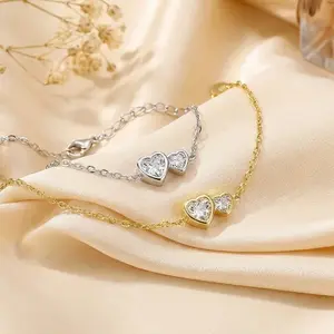 925 Silver Double Heart CZ Bracelet | Gold Silver Chain | Gift for Her