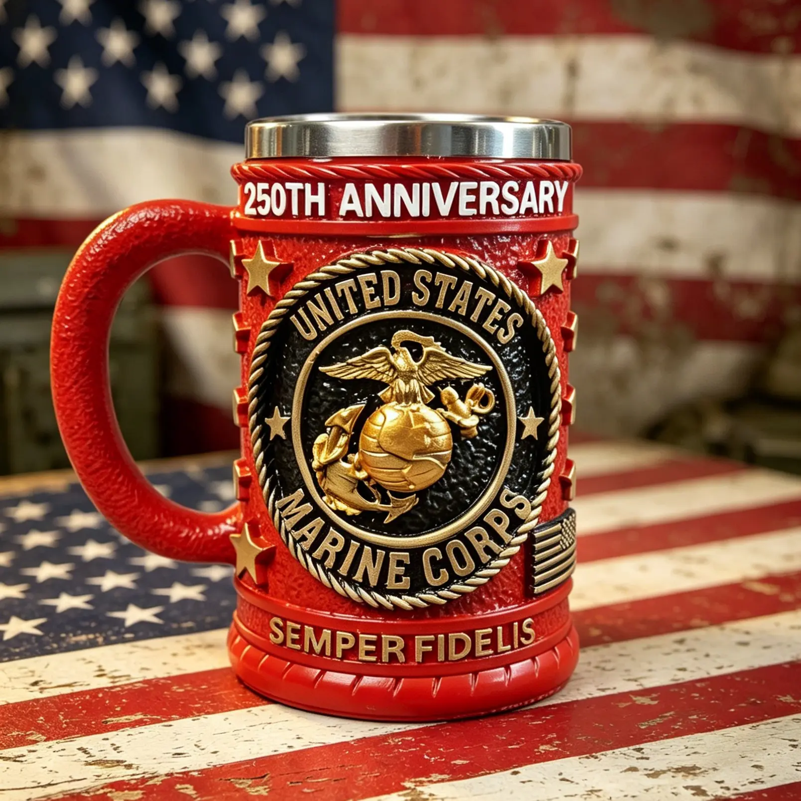 TacticalMugHub U.S. Marine Corps 250th Anniversary Limited Edition 3D Mug, EGA Embossed Stainless Steel Tankard, Collectible Gift for Marines Veterans Dad