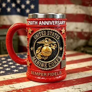 TacticalMugHub U.S. Marine Corps 250th Anniversary Limited Edition 3D Mug, EGA Embossed Stainless Steel Tankard, Collectible Gift for Marines Veterans Dad
