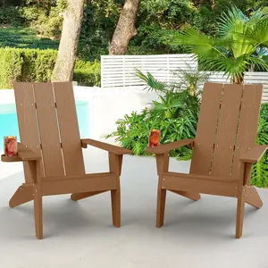 Set of 2 Oversized Modern Adirondack Chairs with Cup Holder Weather Resistant Plastic Outdoor Fire Pit Seating Patio Furniture for Lawn Deck in Teak