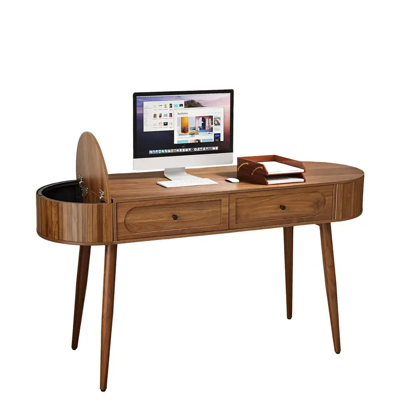 Giratree 59" Mid-Century Wood Writing Desk, Home Office Computer Laptop Desk with 2 Flip Storage Space + 2 Drawer, Elegant Fluted Vanity Table Multifunctional Study Desk for Office, Bedroom