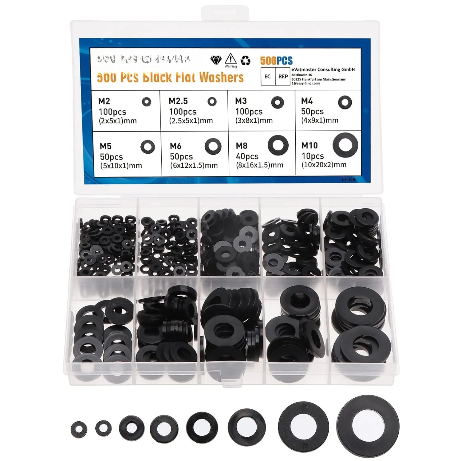 500 count Nylon Flat Washer Assortment Set, Washers Metric Sealing Spacer Gasket Ring Washers Set, 8 Sizes - M2, M2.5, M3, M4, M5, M6, M8, M10 (Black)