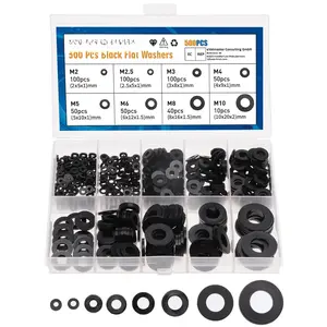 500 count Nylon Flat Washer Assortment Set, Washers Metric Sealing Spacer Gasket Ring Washers Set, 8 Sizes - M2, M2.5, M3, M4, M5, M6, M8, M10 (Black)