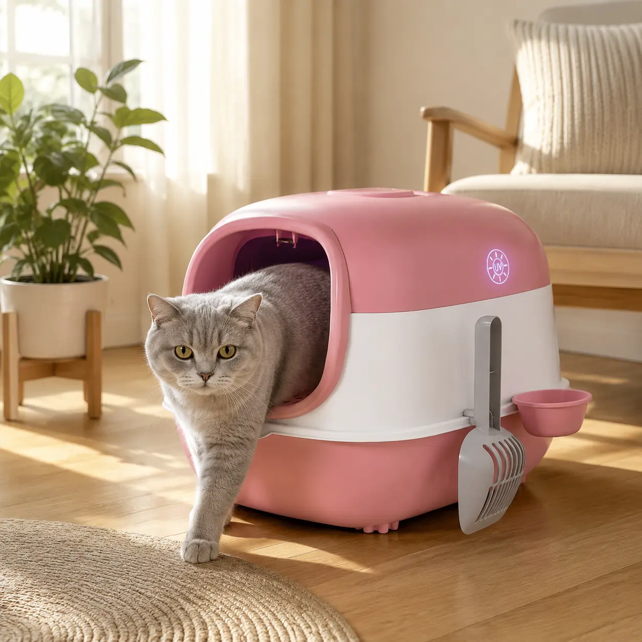 Off-white color-block UV antibacterial fully enclosed cat litter box with flip lid sand barrier, multifunctional side storage, deodorizing box, large household spill-proof cat bowl