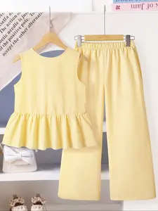 Girls' Striped Two-Piece Set, Round Neck Backless Sleeveless Top & Long Pants, Casual Comfortable Daily Wear, Striped Sets