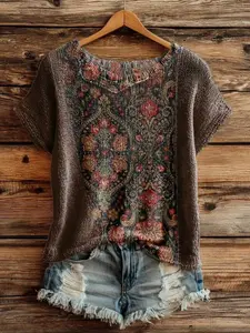 Elegant Boho Style Knit Top for Spring Fall, Loose Round Neck Short Sleeve Floral Print Women's Clothing, Casual for Daily Wear