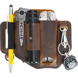 Full-Grain Genuine Cowhide Leather Multitool Sheath|  Stitched Belt Organizer for , Flashlight, Pen & EDC Tools| Multi-Tool Holster Pouch with  Clip
