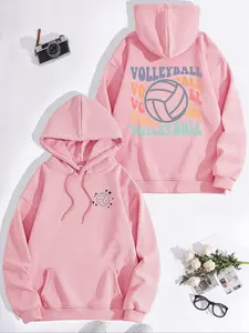 Women's Volleyball Print Hooded Long Sleeve Sporty Sweatshirt, Casual Fitted Pullover Top for Fall & Winter, Graphic Hoodie