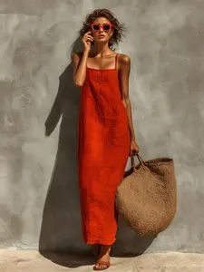 2026 New Arrival Women's Solid Spaghetti Strap Maxi Dress, Retro Lazy Style, Loose-Fit Casual Wear Summer Dress for Daily Commute, Beach, Date, Outdoor Wear