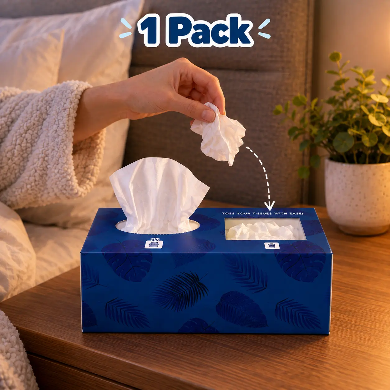 2 in 1 Clean Tissue Box with Built-In Trash Compartment - 2-Ply Durable Tissues, 75 Per Box, Sick Day & Cold/Flu Essential for Bedside, Car