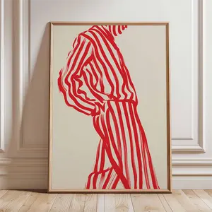 Fashion Line Art Poster – Bold Red Striped Suit Abstract Wall Print, Modern Minimalist Illustration Style Artwork for Living Room or Studio, Unframed Poster