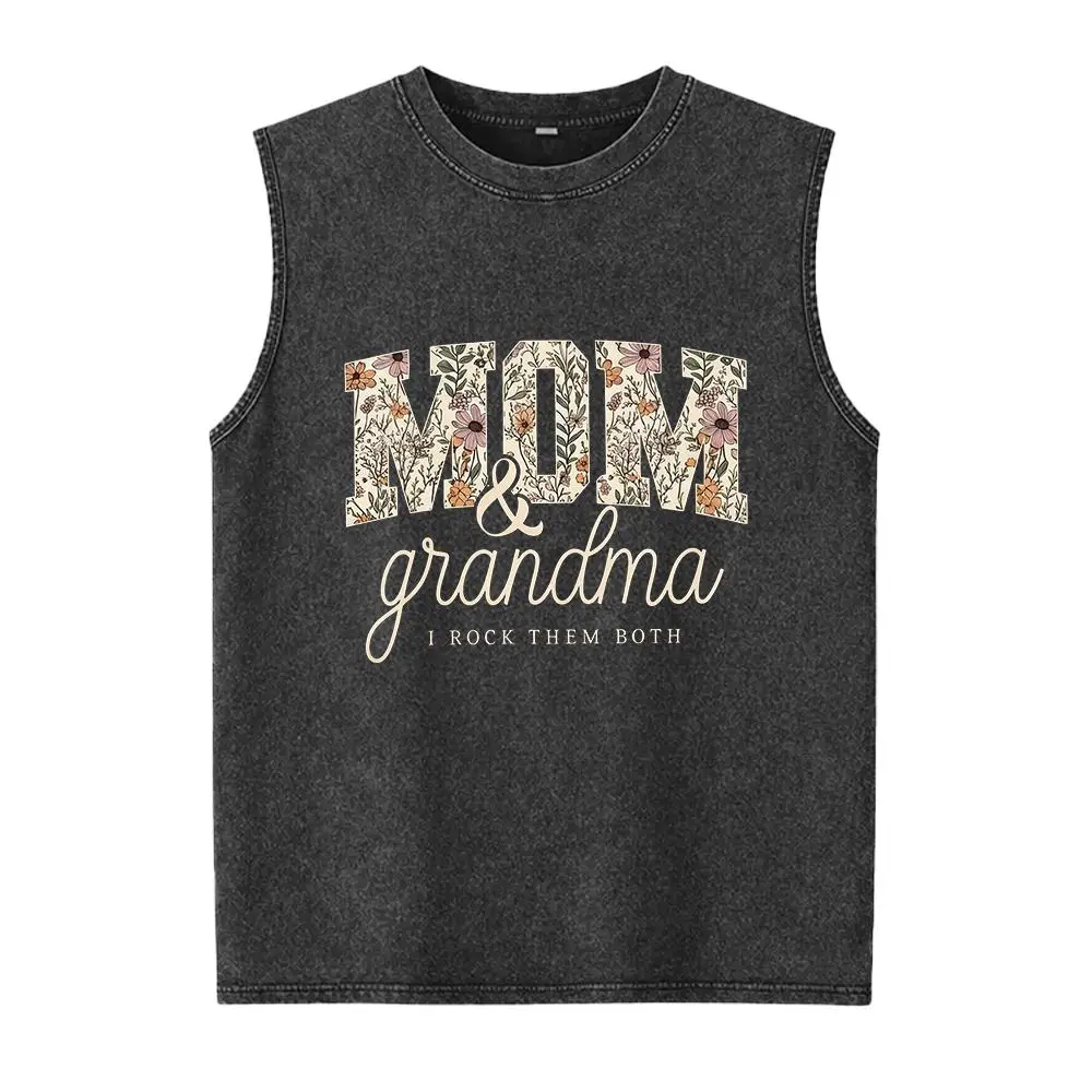 Grandma And Mom I Rock Them Both Washed Vest, Floral Mom & Grandma Washed Vest, Mother's Day Gift, Grandmother Graphic Tees, Wildflower Women Washed Vest