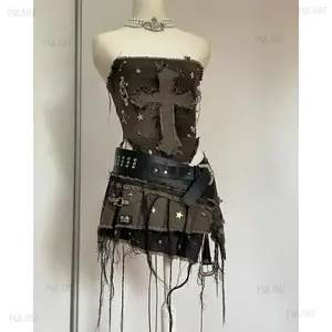 New2025Y2K  Denim Set - Harajuku Pleated Mini Skirt & Top, Distressed Streetwear Suit Womenswear Clothes Geometric Sleeveless
