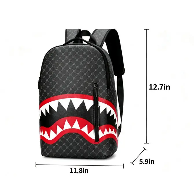 Men's Stylish Black Geometric Backpack — Red-and-White Pattern Print, Travel Backpack & School Bag for Students, Nylon Shell, Unisex Design, Adjustable Shoulder Straps, Suitable for Teenagers for Casual Street-Style Daily Use