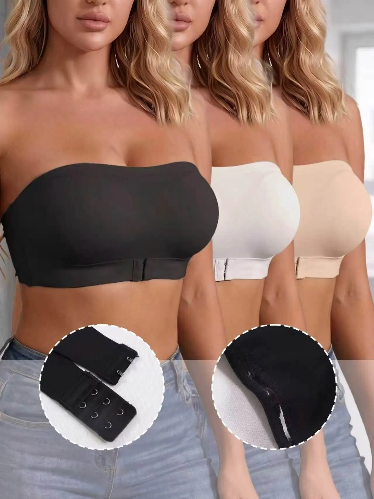 Women's 3-Pack Strapless Bandeau Bras Seamless Lace Adjustable Back Closure Push-Up Support Anti-Sagging Tummy Control Arm Corset Light Fabric Off Shoulder Big Size Invisible Under Strapless Dresses
