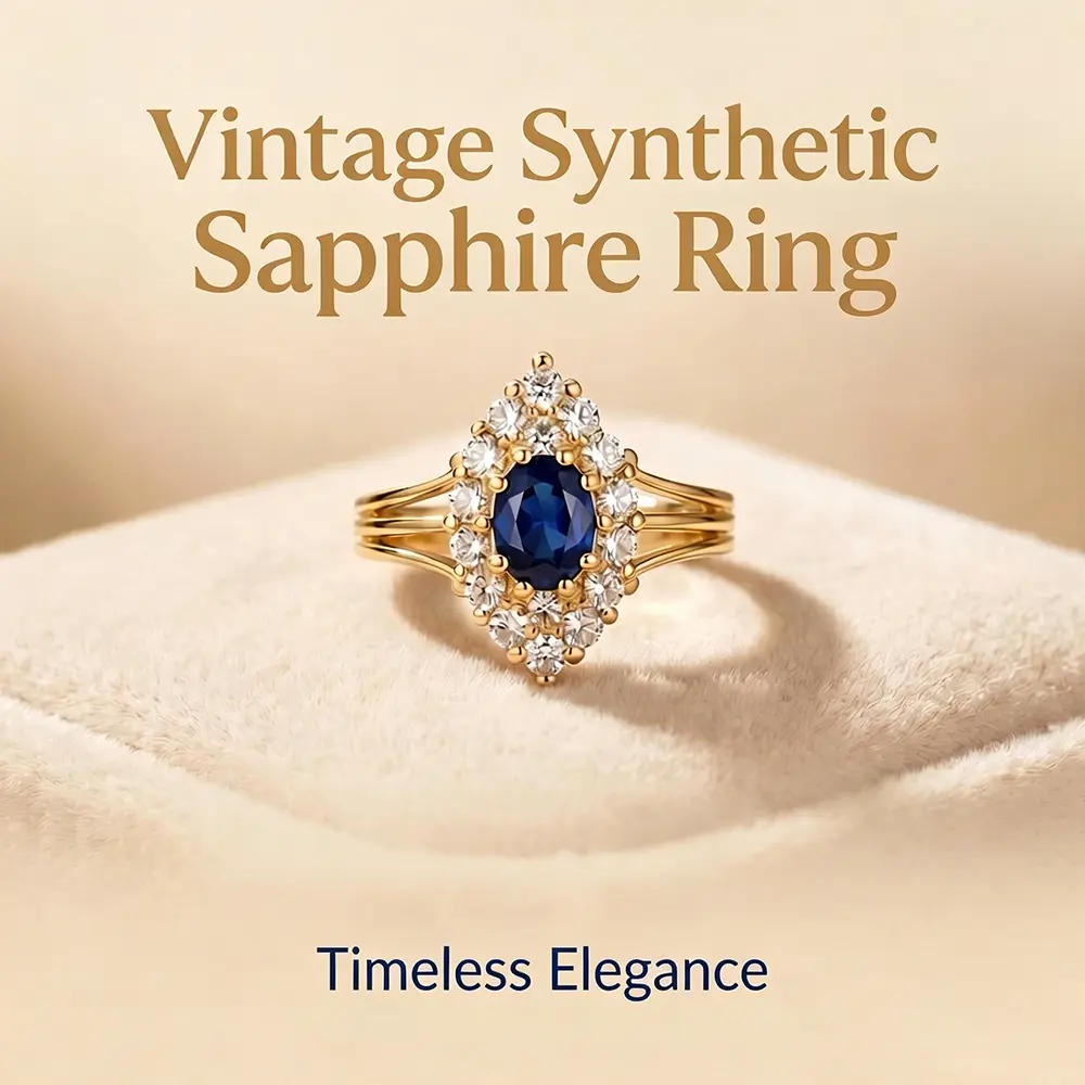 Vintage oval synthetic sapphire halo engagement ring, marquise ring, antique collector's ring, Art Deco style bridal jewelry.