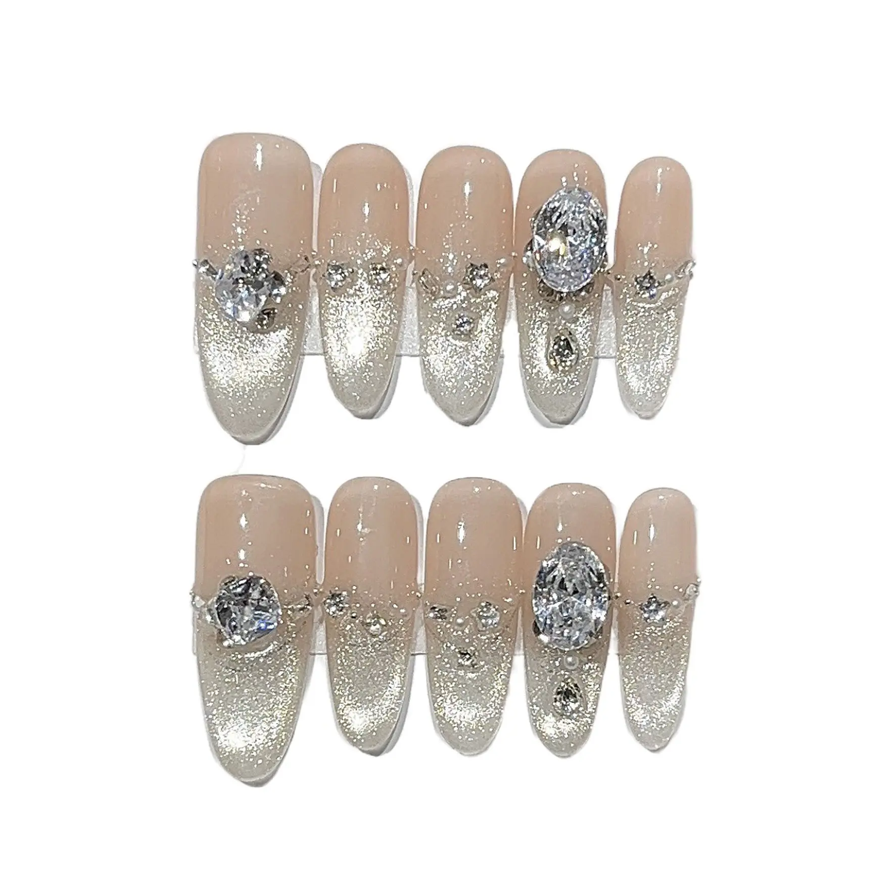 Press-on Nails, Acrylic Plastic Stickers, Irregular K9 Zircon Pearl Chain, Sparkling Glass Beads, Water-Glow Nude Gradient Halo Details, Glossy Oval Detachable Reusable Artificial Nails