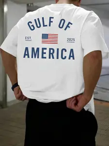Men's Regular Fit America Flag & Letter Print Round Neck Tee, Casual Short Sleeve Crew Neck T-shirt for Daily Wear, Men's Top for Summer, Tropical