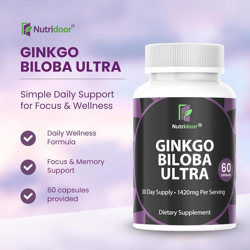 Ginkgo Biloba Ultra with Red Asian Ginseng 1420mg 60 Vegetarian Capsules Memory Focus Support Supplement Herbal Blend