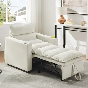 3-in-1 Convertible Sleeper Chair, Velvet Pullout Chair with Cup Holders, Recliner Sofa Bed with 4 Adjustable Angles, Convertible Lazy Sofa Bed for Small Spaces Home Office, Beige