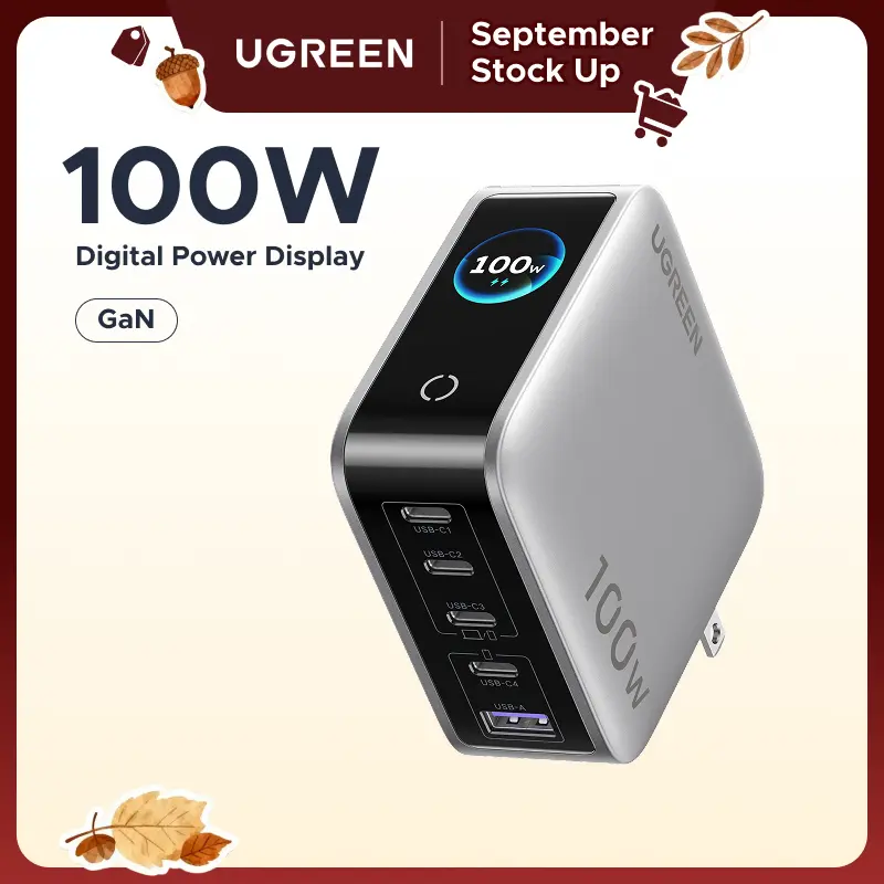 UGREEN Nexode Pro 100W GaN USB Type-C Power Adapter - 5-Port Fast Charging Multi-Device Charger with Smart Display, for iPhone 17/16 Series, MacBook, International Travel (tiktokshopstockup)